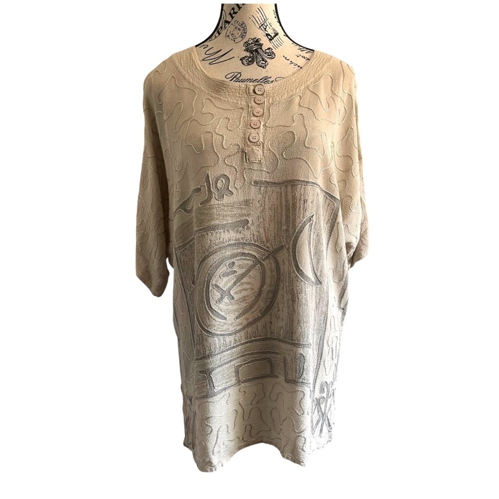 90s Papillon Rayon India Beige Tan Abstract Art Top Bohemian Tan Medium